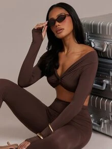Hauture Women's Sexy Sleek Twist Off-Shoulder Top Perfect For Summer Vacation Traveling Daily Casual Wear Leisure Comfort Office Night Gym Dark Brown - Brown - View 6