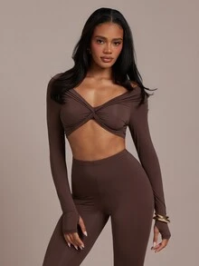 Hauture Women's Sexy Sleek Twist Off-Shoulder Top Perfect For Summer Vacation Traveling Daily Casual Wear Leisure Comfort Office Night Gym Dark Brown - Brown - View 3