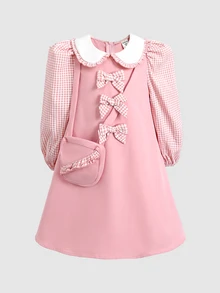 SHEIN Young Girl Shirt Collar Long Sleeve Pink Patchwork Plaid Ruffle A-Line Dress With Bag Back To School Young GirlS Fall/Winter Outfits - Pink - View 4