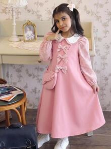 SHEIN Young Girl Shirt Collar Long Sleeve Pink Patchwork Plaid Ruffle A-Line Dress With Bag Back To School Young GirlS Fall/Winter Outfits - Pink - View 5