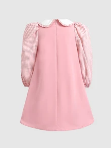 SHEIN Young Girl Shirt Collar Long Sleeve Pink Patchwork Plaid Ruffle A-Line Dress With Bag Back To School Young GirlS Fall/Winter Outfits - Pink - View 2