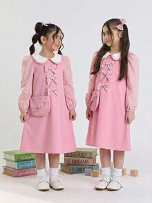 SHEIN Young Girl Shirt Collar Long Sleeve Pink Patchwork Plaid Ruffle A-Line Dress With Bag Back To School Young GirlS Fall/Winter Outfits - Pink - View 6