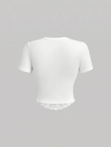 SHEIN MOD Women's Solid Color Short Sleeve Lace Patchwork Stretch T-Shirt Party Night Out White Summer Sexy Elegant - White - View 7