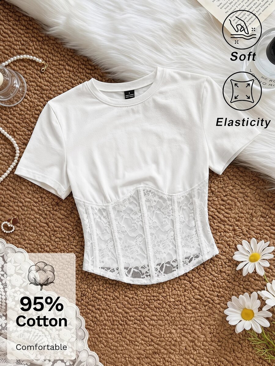 SHEIN MOD Women's Solid Color Short Sleeve Lace Patchwork Stretch T-Shirt Party Night Out White Summer Sexy Elegant