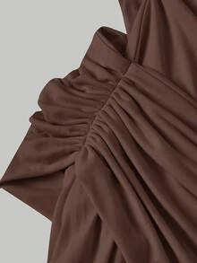 SHEIN MOD 女款咖啡棕色純色不對稱領收腰荷葉邊下擺洋裝，適合婚禮、派對、晚餐約會，夏季休閒優雅，萬聖節適用 - 棕色 - 查看 6
