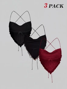 SHEIN MOD 3件組女款垂領方襬背心，度假風性感夏季上衣，黑色、鐵鏽棕、酒紅色 - 藏蓝色 - 查看 3