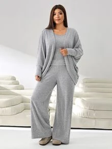 Solflare Plus Size Women's Solid Color Top, Pants And Long Sleeve Cardigan Casual Simple Normal Daily 3 Pieces Set Vacation Dates Office Gray Autumn Fall - Light Grey - View 6