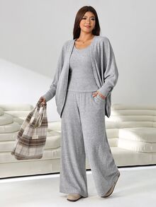 Solflare Plus Size Women's Solid Color Top, Pants And Long Sleeve Cardigan Casual Simple Normal Daily 3 Pieces Set Vacation Dates Office Gray Autumn Fall - Light Grey - View 4