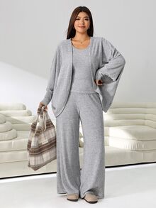 Solflare Plus Size Women's Solid Color Top, Pants And Long Sleeve Cardigan Casual Simple Normal Daily 3 Pieces Set Vacation Dates Office Gray Autumn Fall - Light Grey - View 5