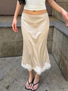 SHEIN EZwear Women's Elegant Romantic Lace Trim Skirt Birthday Date Brunch Beige Summer Wedding - Apricot - View 11
