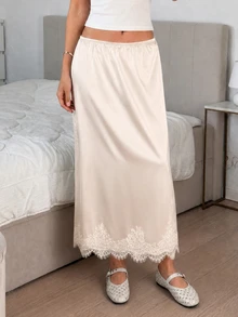 SHEIN EZwear Women's Elegant Romantic Lace Trim Skirt Birthday Date Brunch Beige Summer Wedding - Apricot - View 4