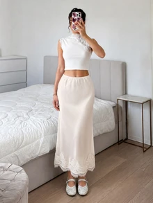 SHEIN EZwear Women's Elegant Romantic Lace Trim Skirt Birthday Date Brunch Beige Summer Wedding - Apricot - View 3