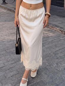 SHEIN EZwear Women's Elegant Romantic Lace Trim Skirt Birthday Date Brunch Beige Summer Wedding - Apricot - View 9