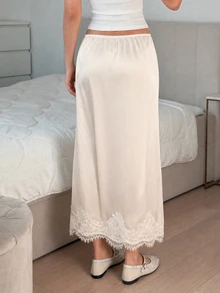 SHEIN EZwear Women's Elegant Romantic Lace Trim Skirt Birthday Date Brunch Beige Summer Wedding - Apricot - View 2