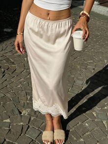 SHEIN EZwear Women's Elegant Romantic Lace Trim Skirt Birthday Date Brunch Beige Summer Wedding - Apricot - View 8