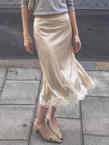 SHEIN EZwear Women's Elegant Romantic Lace Trim Skirt Birthday Date Brunch Beige Summer Wedding - Apricot - View 1
