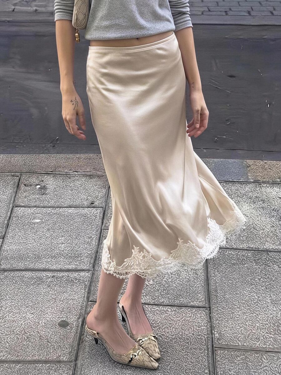 SHEIN EZwear Women's Elegant Romantic Lace Trim Skirt Birthday Date Brunch Beige Summer Wedding - Apricot - View 1