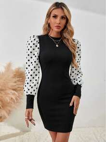 SHEIN Women's Fall Black White Color-Block Polka Dot Lantern Sleeve Dress, Mock Neck Slim Bodycon Patchwork Mini Dress, Office Date Chic Little Black Dress. - Black - View 5