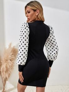 SHEIN Women's Fall Black White Color-Block Polka Dot Lantern Sleeve Dress, Mock Neck Slim Bodycon Patchwork Mini Dress, Office Date Chic Little Black Dress. - Black - View 2