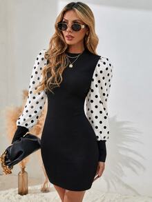 SHEIN Women's Fall Black White Color-Block Polka Dot Lantern Sleeve Dress, Mock Neck Slim Bodycon Patchwork Mini Dress, Office Date Chic Little Black Dress. - Black - View 3