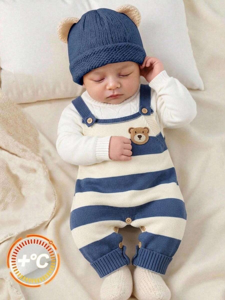 SHEIN Baby Boy Cartoon Bear Patch Design Striped Knitted Overalls Fall And Winter Back To School Clothes