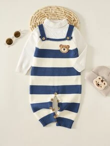 SHEIN Baby Boy Cartoon Bear Patch Design Striped Knitted Overalls Fall And Winter Back To School Clothes - Multicolor - View 5