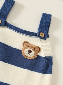 SHEIN Baby Boy Cartoon Bear Patch Design Striped Knitted Overalls Fall And Winter Back To School Clothes - Multicolor - View 7