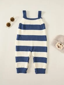 SHEIN Baby Boy Cartoon Bear Patch Design Striped Knitted Overalls Fall And Winter Back To School Clothes - Multicolor - View 3
