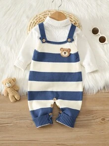 SHEIN Baby Boy Cartoon Bear Patch Design Striped Knitted Overalls Fall And Winter Back To School Clothes - Multicolor - View 10