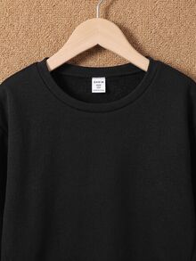 SHEIN 青少年男孩圓領皮革拼接運動衫與運動長褲2件套，適合通勤、上學、日常休閒、校園、旅行、運動，秋冬穿著 - 黑色 - 查看 3