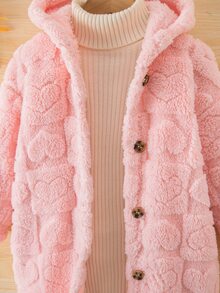 Emery Rose Kids Emery Rose Kids 女童心形毛絨長袖單排扣連帽冬季外套 - 粉色 - 查看 7