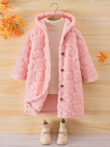 Emery Rose Kids Emery Rose Kids 女童心形毛絨長袖單排扣連帽冬季外套 - 粉色 - 查看 4