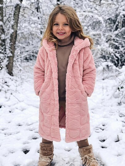 SHEIN Young Girl Heart Plush Long Sleeve Single-Breasted Hooded Jacket