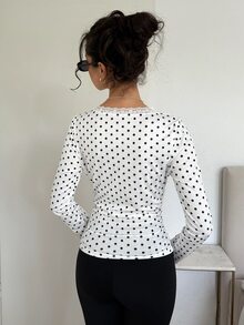 SHEIN EZwear White Polka Dot Knit Women's Contrast Lace Long Sleeve T-Shirt - Black and White - View 8