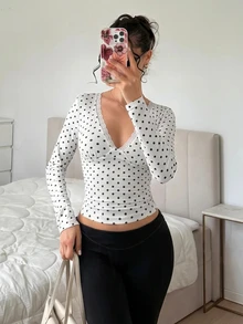 SHEIN EZwear White Polka Dot Knit Women's Contrast Lace Long Sleeve T-Shirt - Black and White - View 4