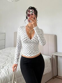SHEIN EZwear White Polka Dot Knit Women's Contrast Lace Long Sleeve T-Shirt - Black and White - View 6