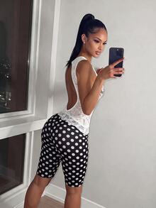 Amplova 女款波點撞色蕾絲性感連身褲 - 黑與白 - 查看 2