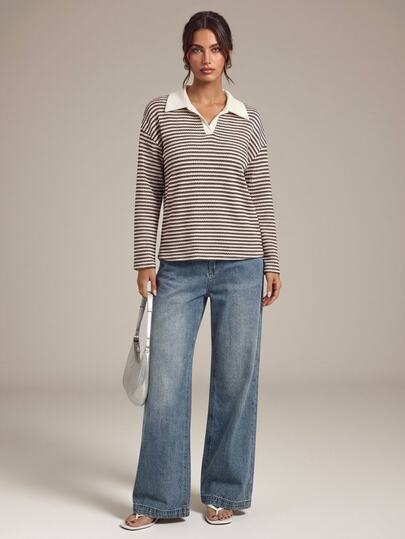 SHEIN Tall Spring/Autumn Casual Daily Everyday Graduation School Brown And White Long Sleeve T-Shirt Back-To-School