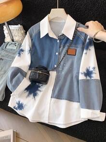 Tween女孩紮染印花長袖襯衫上衣，適合日常通勤穿著，返校季穿搭 - 藍白色 - 查看 3
