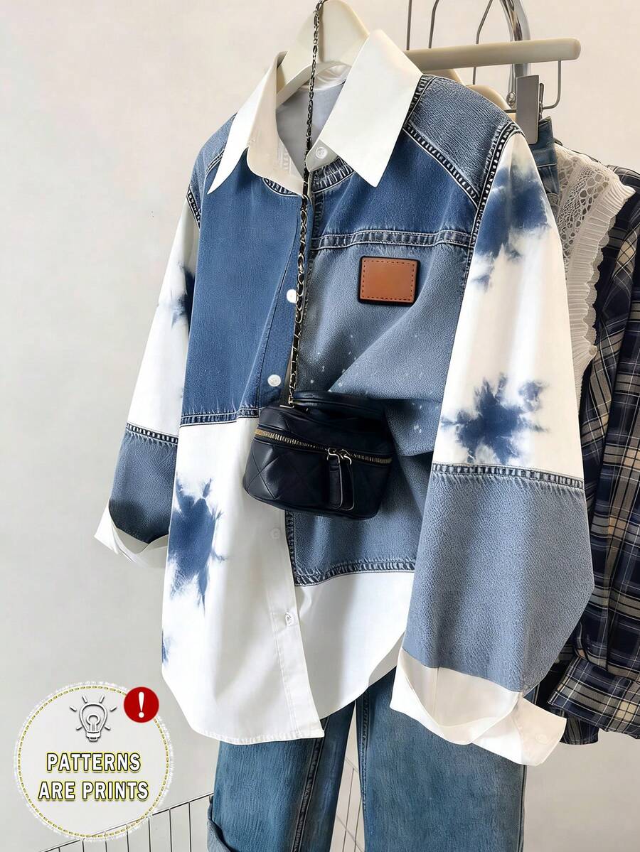 Tween女孩紮染印花長袖襯衫上衣,適合日常通勤穿著,返校季穿搭 - 藍白色 - 查看 1