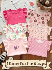 SHEIN 1件隨機款波希米亞花卉柔紫色條紋3D蝴蝶結圖案女童休閒簡約百搭圓領短袖T恤上衣，適合春夏日常穿著、旅行度假 - 粉色 - 查看 1