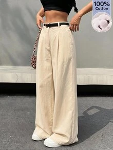 SHEIN EZwear 女款素色百褶休閒優雅商務休閒百搭寬腿褲，適合日常穿著、教師節、工作辦公，米色，秋季 - 卡其色 - 查看 7
