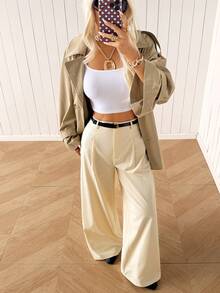 SHEIN EZwear 女款素色百褶休閒優雅商務休閒百搭寬腿褲，適合日常穿著、教師節、工作辦公，米色，秋季 - 卡其色 - 查看 8