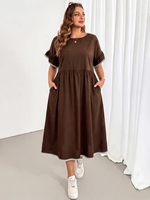 SHEIN Essnce Plus Size Shell Embroidery Pocket Fashion Vacation Dress - Brown - View 5