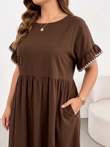 SHEIN Essnce Plus Size Shell Embroidery Pocket Fashion Vacation Dress - Brown - View 6