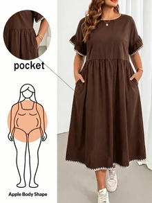 SHEIN Essnce Plus Size Shell Embroidery Pocket Fashion Vacation Dress - Brown - View 1