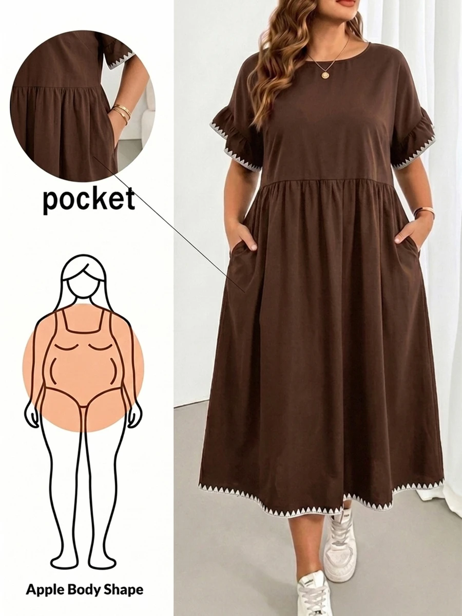 SHEIN Essnce Plus Size Shell Embroidery Pocket Fashion Vacation Dress - Brown - View 1