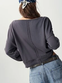Bohemela 女款純色拼接亮片圓領落肩長袖休閒衛衣 - 灰色 - 查看 6