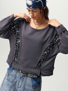 Bohemela 女款純色拼接亮片圓領落肩長袖休閒衛衣 - 灰色 - 查看 3