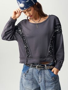 Bohemela 女款純色拼接亮片圓領落肩長袖休閒衛衣 - 灰色 - 查看 1